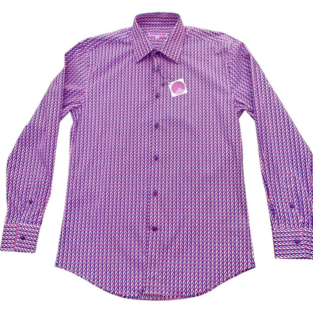 NWT COTON DOUX Paris Geo Print Button Front Shirt Cotton Poplin Pink Navy Blue - Picture 7 of 15